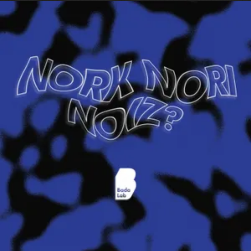Nork Nori Noiz? letraz, fondo urdin eta beltz batean. Erdian Badalabeko logoa den B txuria